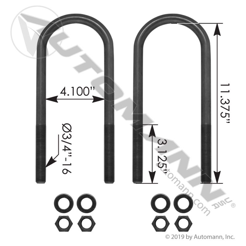 U Bolt Kit RND 3/4in X 4in X 11-3/8in