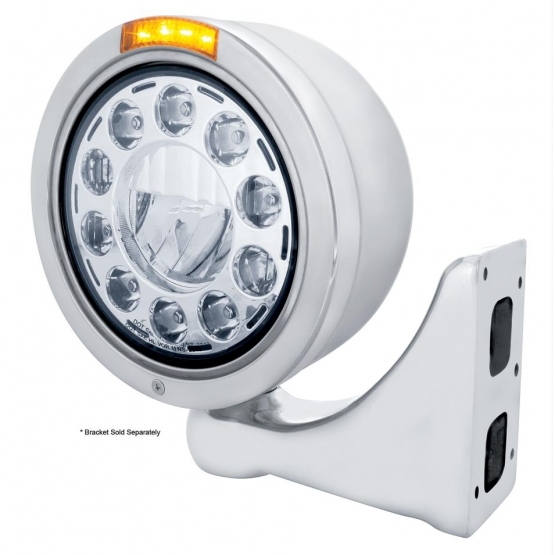 Stainless Bullet Half Moon Headlight 11 LED Bulb & Dual Mode LED Signal - Amber Lens