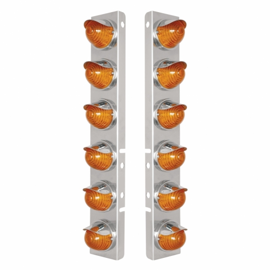 SS Front Air Cleaner Bracket With 12X 17 Amber LED Beehive Lights & SS Visors For Peterbilt-Amber LED & Lens