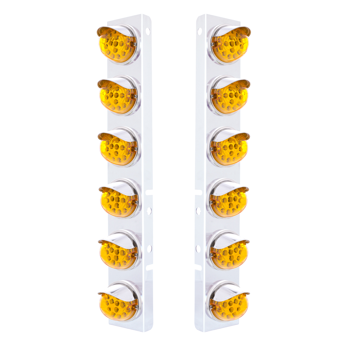 SS Front Air Cleaner Bracket With 12X 17 Amber LED Dual Function Reflector Lights & SS Visors For Peterbilt-Amber Lens