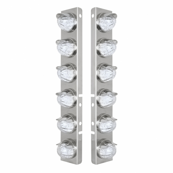 SS Front Air Cleaner Brkt With 12X 17 Amber LED Dual Func. Watermelon Lights & SS Visors For Peterbilt-Clear Lens