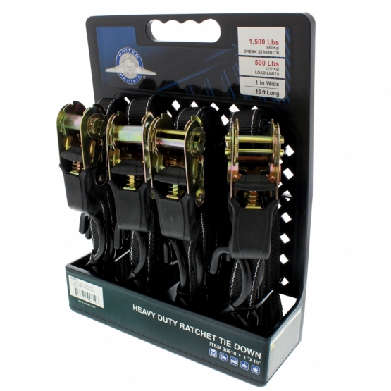 1" X 15' Ratchet Tie Down - S Hook (4 Pack)