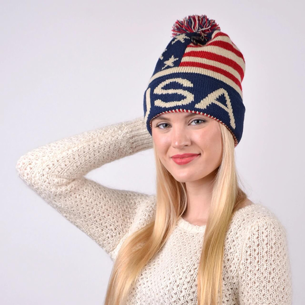 American Flag Winter Hat Knit Pom Beanie