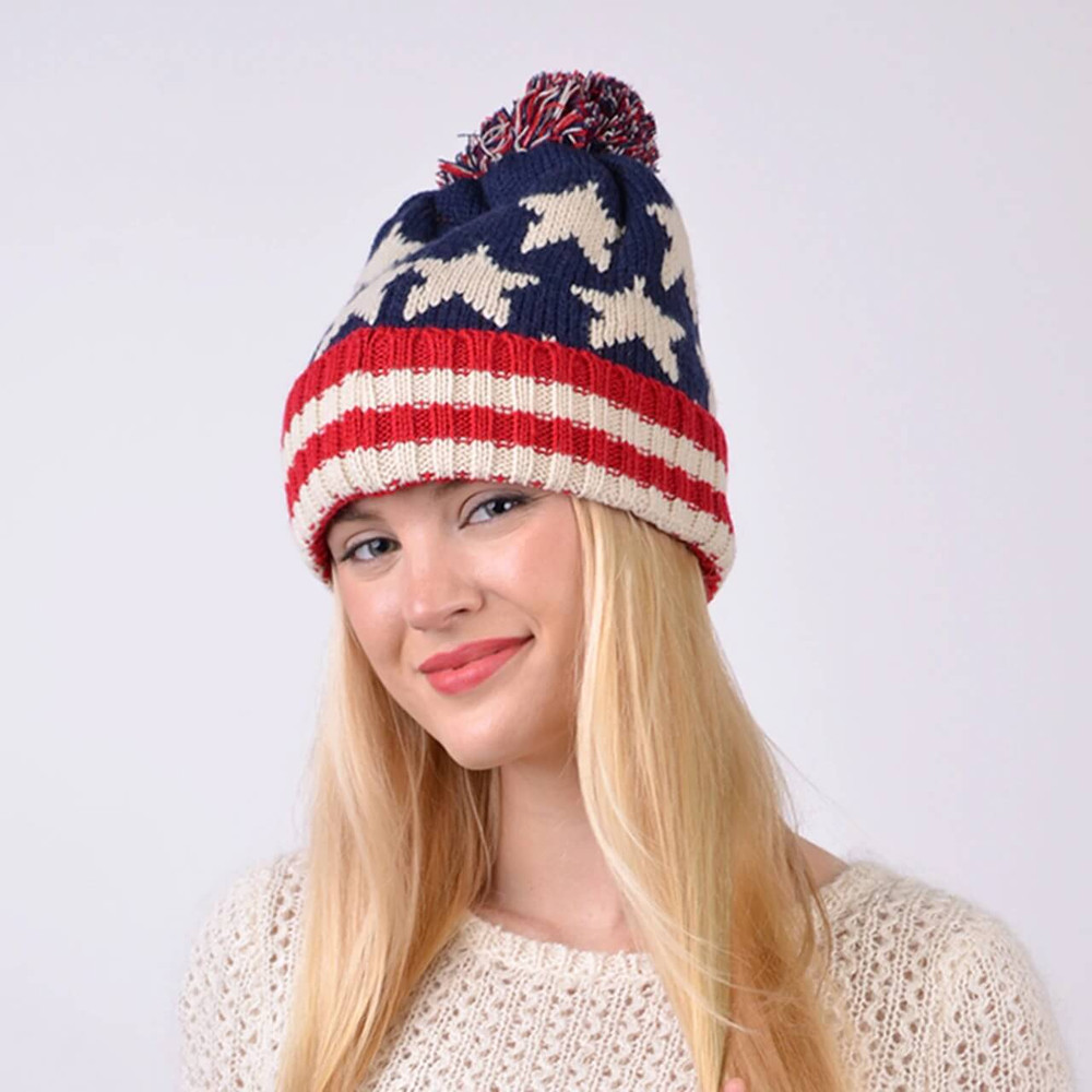 American Flag Winter Hat Knit Pom Beanie