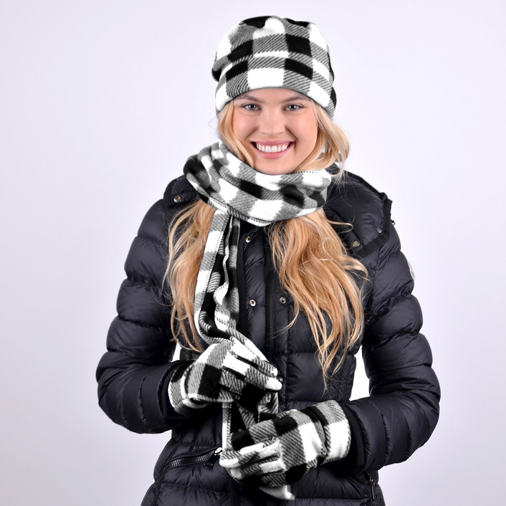 Winter Plaid Fleece Hat Gloves & Scarf Set For Women