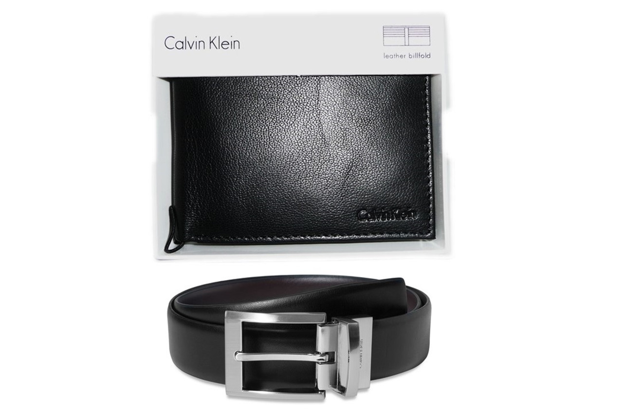 CK Men's Leather Wallet & Reversible Belt Set