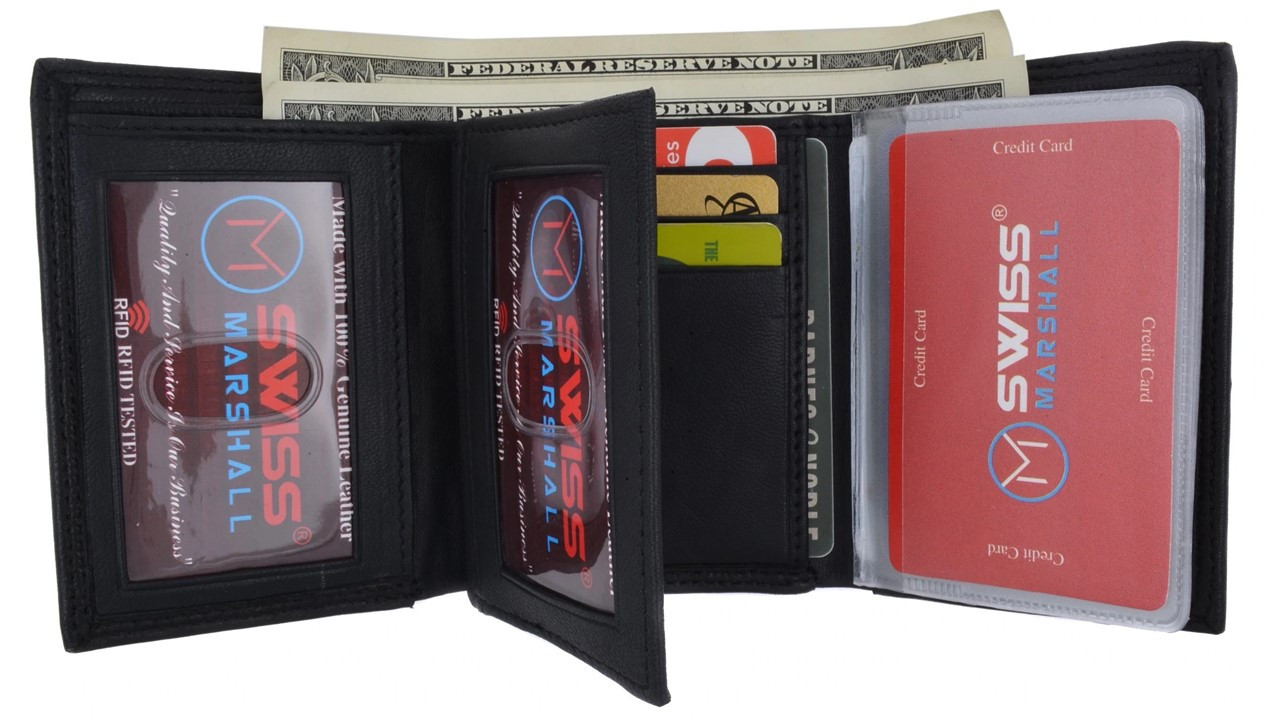 Black Premium Leather Trifold Wallet with ID Window