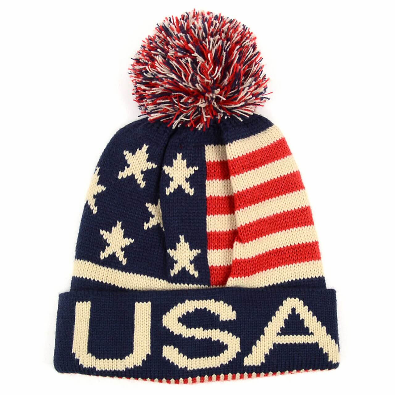 American Flag Winter Hat Knit Pom Beanie