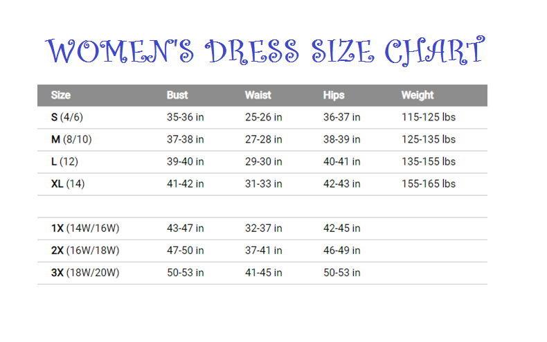 1x Dress Size Chart