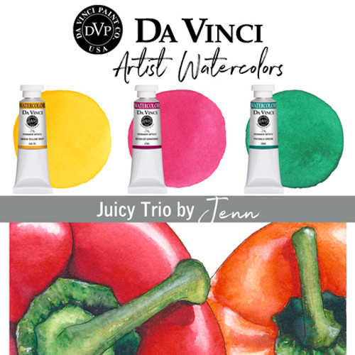 Jenn's Da Vinci Juicy Trio watercolor paint set contains three 8mL tubes.