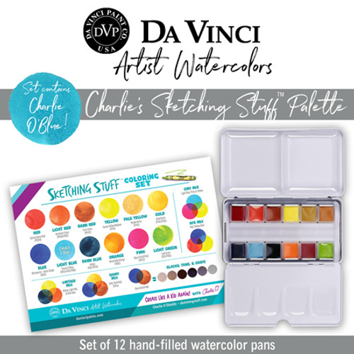 Charlie O'Sheilds Sketching Stuff Watercolor Pan Set contains 12 hand-filled half pans in a portable tin.