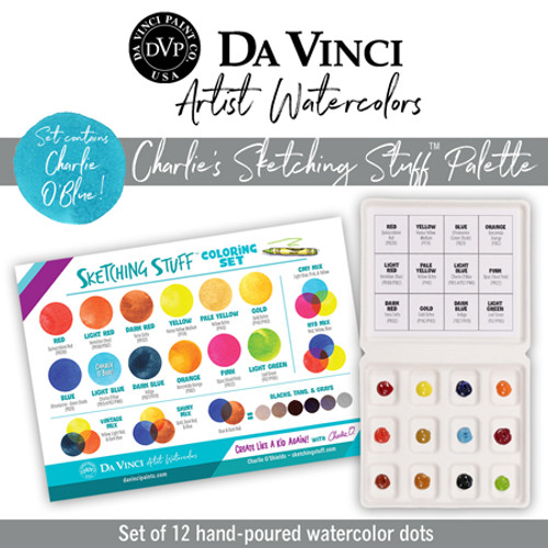 Charlie O'Sheilds Sketching Stuff Watercolor Sample Dot Set contains 12 hand-poured sample dots in a portable clamshell.