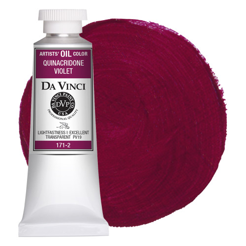 Da Vinci Quinacridone Violet oil paint (PV19) 37ml tube with color swatch.