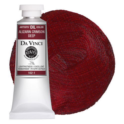 Da Vinci Alizarin Crimson Deep artist oil paint 37ml tube with color swatch.