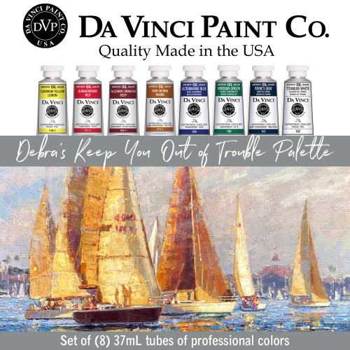 Debra's Keep You Out of Trouble Da Vinci Oil Palette artist-curated set contains 8 tubes of professional oil paints.