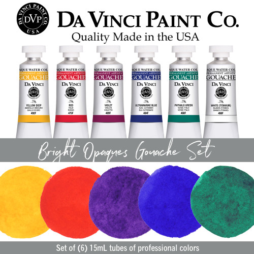 Da Vinci Bright Opaques Artist Gouache Set is a professional selection of 5 primary and secondary colors along with white.