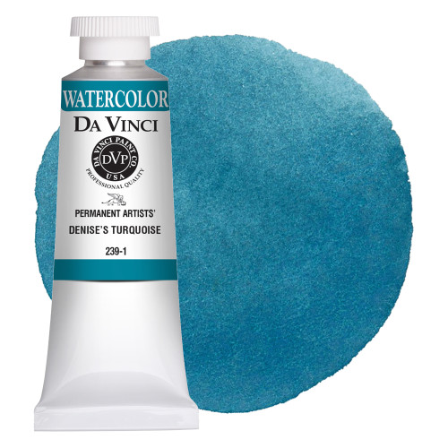 Da Vinci Denise's Turquoise watercolor paint (PW6/PB29/PG7) 37ml tube with color swatch.
