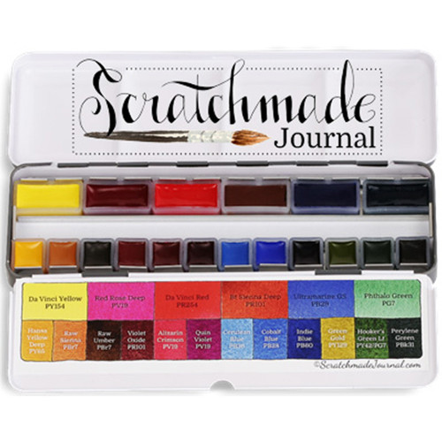 Artist Tonya Lee's Scratchmade Da Vinci Watercolor Palette filled with 6 full pans and 12 half pans for a complete set of 18 professional colors.