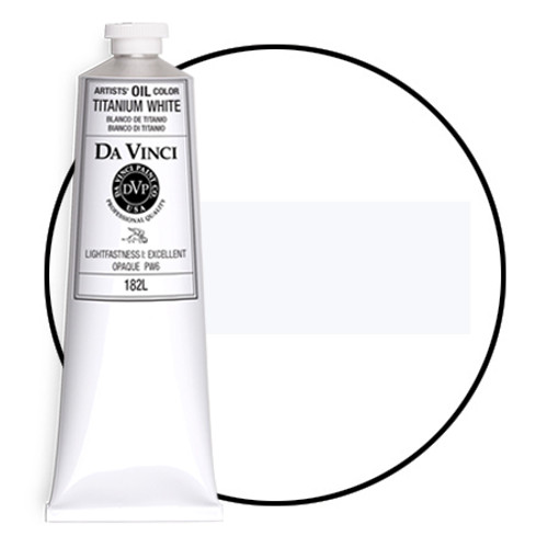 Da Vinci Titanium White oil paint (PW6) 150ml tube with color swatch.