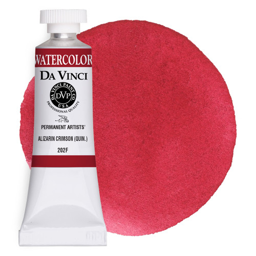 Da Vinci Alizarin Crimson (Quinacridone) watercolor paint (PV19) 15ml tube with color swatch.