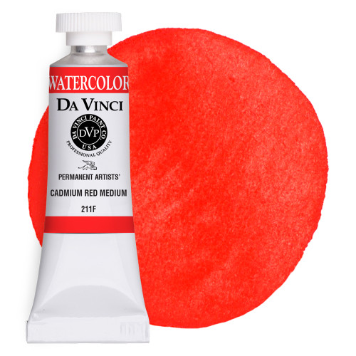 Da Vinci Cadmium Red Medium watercolor paint (PR108) 15ml tube with color swatch.