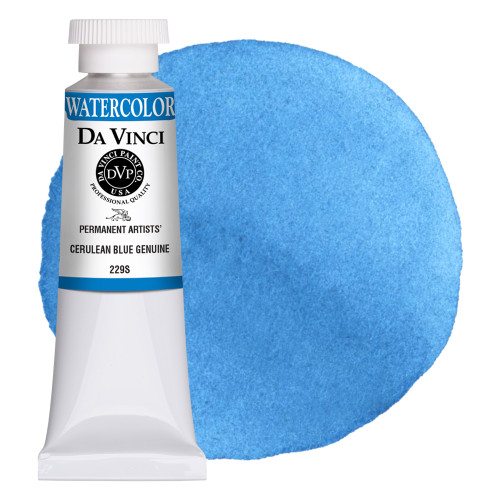 Da Vinci Cerulean Blue watercolor paint (PB36) 8ml tube with color swatch.