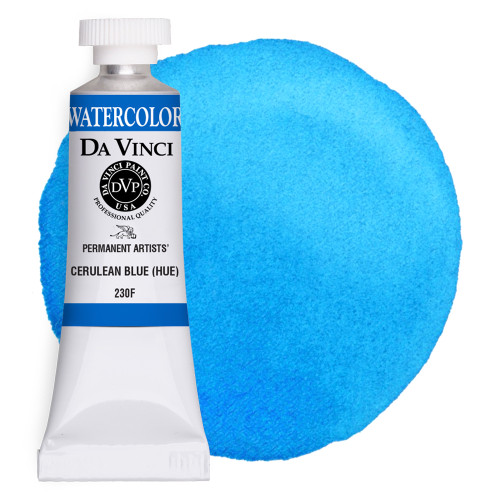 Da Vinci Cerulean Blue (Hue) watercolor paint (PB15/PW6) 15ml tube with color swatch.