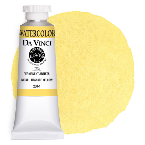 Da Vinci Nickel Titanate Yellow watercolor paint (PY53) 37ml tube with color swatch.