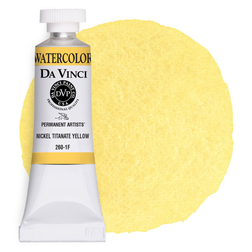 Da Vinci Nickel Titanate Yellow watercolor paint (PY53) 15ml tube with color swatch.