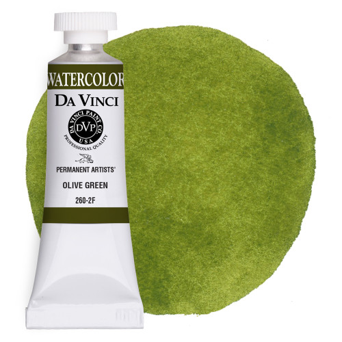 Da Vinci Olive Green watercolor paint (PG7/PY42) 15ml tube with color swatch.