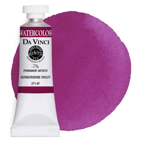 Da Vinci Quinacridone Violet watercolor paint (PV19) 15ml tube with color swatch.