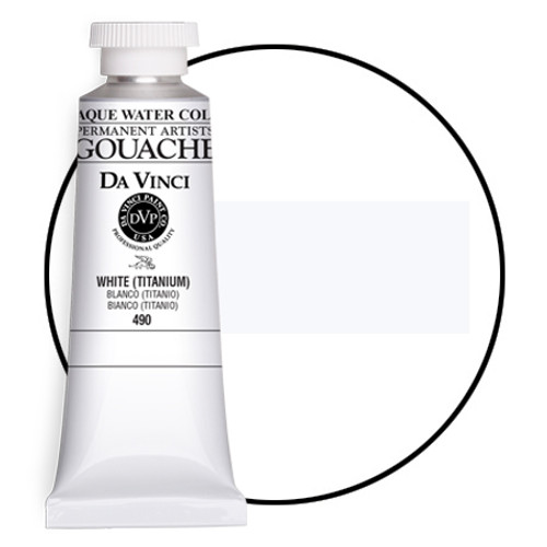 Da Vinci White (Titanium) gouache paint (PW6) 37ml tube with color swatch.