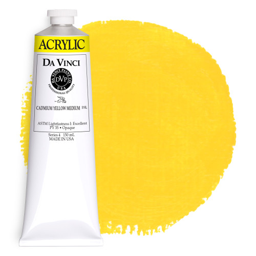 Da Vinci Cadmium Yellow Medium heavy-body acrylic paint (PY35) 150mL tube with color swatch.