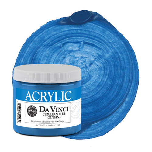 Da Vinci Cerulean Blue heavy-body acrylic paint (PB36) 16oz jar with color swatch.