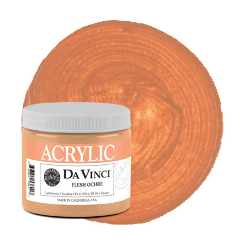 Da Vinci Flesh Ochre heavy-body acrylic paint (PY42/PW6/PR101) 16oz jar with color swatch.