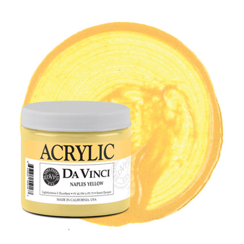 Da Vinci Naples Yellow heavy-body acrylic paint (PY42/PW6/PY73) 16oz jar with color swatch.