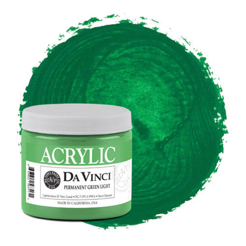 Da Vinci Permanent Green Light heavy-body acrylic paint (PG7/PY3/PW6) 16oz jar with color swatch.