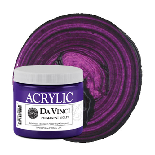 Da Vinci Permanent Violet heavy-body acrylic paint (PB60/PR122) 16oz jar with color swatch.