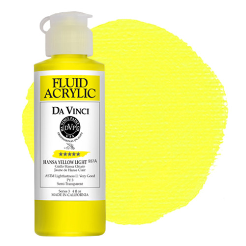 Da Vinci Hansa Yellow Light fluid acrylic paint (PY3) 4oz bottle with color swatch.