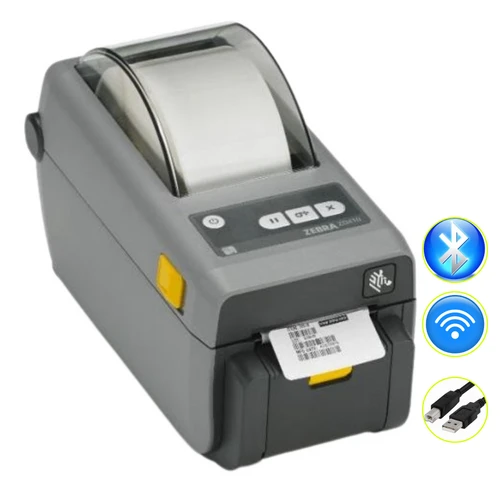 Zebra ZD410 203dpi desktop direct thermal label printer with label output and Bluetooth, Wi-Fi, USB icons
