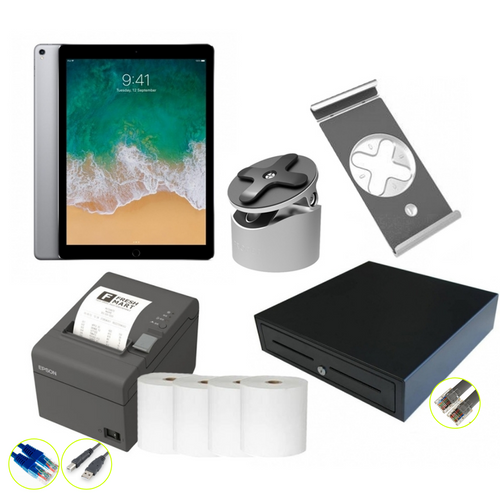 APPLE IPAD 12.9 INCH POS BUNDLE- You will have a set of Apple Ipad PRO12.9 inches WIFI ,STUDIO PROPER STAND POS PIVOT WALL/DESK,  STUDIO PROPER LOCK BELT IPAD AIR 2017/2018/PRO 9.7, Epson TMT82II Thermal Direct Printer ,VPOS CASH DRAWER EC410 5 NOTE/8 COIN 24V BLK and ECO PAPER THERMAL 80X80 4 ROLLS/BOX