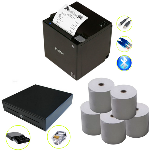 This is a starter bundle that is also compatible with Apple iPad Peripheral. This bundle includes EPSON TM-M30 BLUETOOTH PSU W/USB CHARGING BLK Epson TM-m30II, Thermal print, 250mm/s, 203 DPI, Built-in USB, Ethernet and Bluetooth, Power Supply and cable included, Apple Device Charging (2.1A), IOS/Android/Windows, Black , A Cash register and a Thermal paper bundle of 4 This is a starter bundle that is also compatible with Apple iPad Peripheral. This bundle includes EPSON TM-M30 BLUETOOTH PSU W/USB CHARGING BLK Epson TM-m30II, Thermal print, 250mm/s, 203 DPI, Built-in USB, Ethernet and Bluetooth, Power Supply and cable included, Apple Device Charging (2.1A), IOS/Android/Windows, Black , A Cash register and a Thermal paper bundle of 4