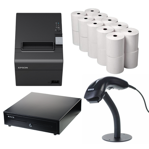 Epson TM-T82III Thermal Printer Serial or Parallel & USB + Nexa 80" Thermal Rolls, Box 24 + Nexa CB900 Cash Drawer + Nexa NC-1200 Scanner  & Stand