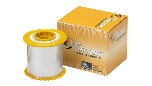 Zebra ZXP7 1 mil bottom full clear laminate roll with yellow core and True Secure retail box