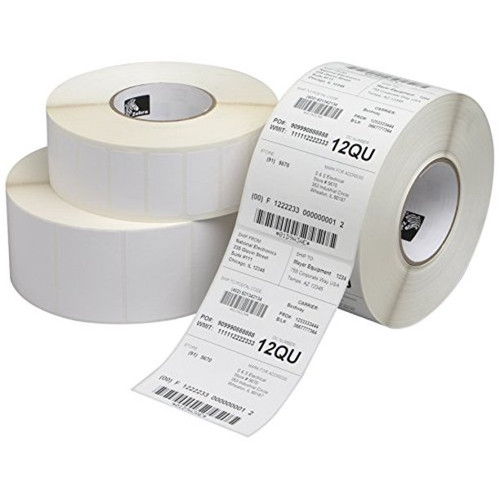 Boxed rolls of removable thermal labels, 76mm x 33mm with 25mm core, one roll showing printed barcodes