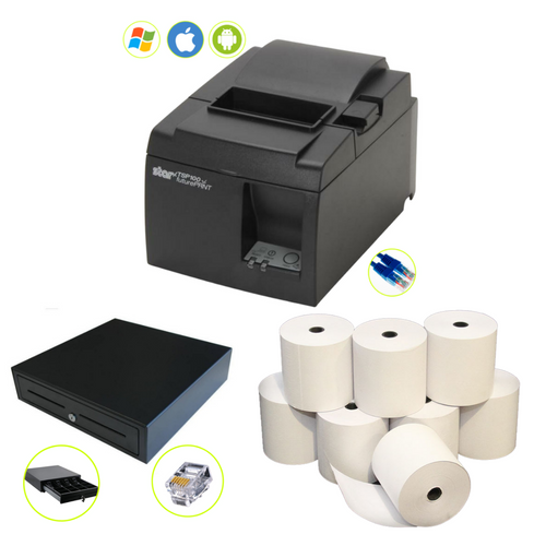 Vend POS Bundle -Star Micronics TSP143III LAN Thermal Receipt Printer with Ethernet, High Quality & Durable 5 Note, 8 coin Cash Drawer with RJ11 Connector, and A Box of 24 80x80 Thermal Rolls