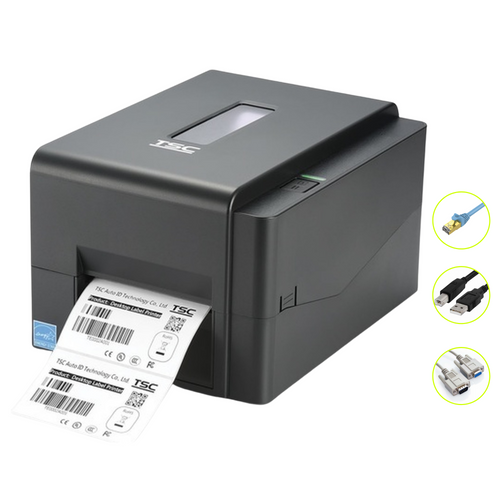 TSC TE210 thermal label printer with sample barcode labels and icons for USB, RS-232 and Ethernet ports