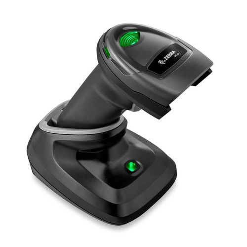 Zebra DS2278 cordless 2D barcode scanner seated in its black USB charging cradle