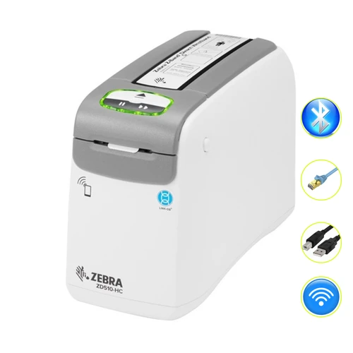 Zebra ZD510-HC wristband printer showing icons for USB, Ethernet, Bluetooth and WiFi connectivity