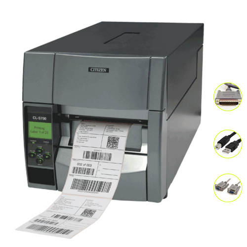 CITIZEN CL-S703 industrial 300dpi thermal label printer with LCD screen and sample barcode labels printing